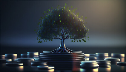 A picture of a stack of coins on a table with a tree growing out of it illustrates the concept of investing for long-term growth. The coins represent investments  will grow over time. generative ai