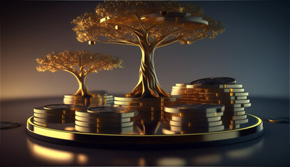 A picture of a stack of coins on a table with a tree growing out of it illustrates the concept of investing for long-term growth. The coins represent investments  will grow over time. generative ai
