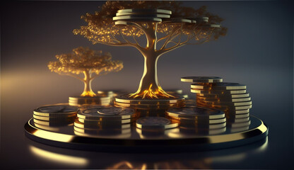 A picture of a stack of coins on a table with a tree growing out of it illustrates the concept of investing for long-term growth. The coins represent investments  will grow over time. generative ai
