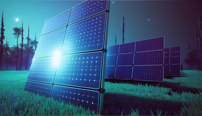 Solar farm and clean energy concept. Solar panels stands out against the horizon, capturing this energy to power homes and businesses. generative ai