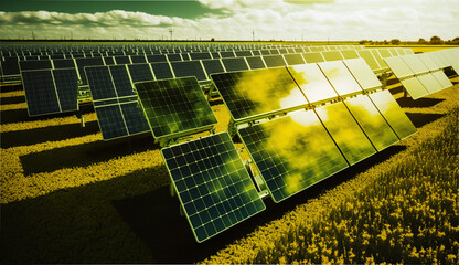 Solar farm and clean energy concept. Solar panels stands out against the horizon, capturing this energy to power homes and businesses. generative ai