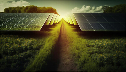 Solar farm and clean energy concept. Solar panels stands out against the horizon, capturing this energy to power homes and businesses. generative ai