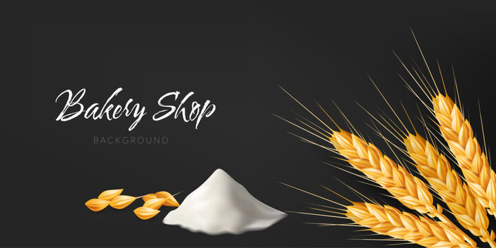 Realistic 3D vector illustration of a hill of flour with golden wheat spikes and rye seeds, For food and seasoning designs. Great for natural and rural themes, as well as baking and condiment design