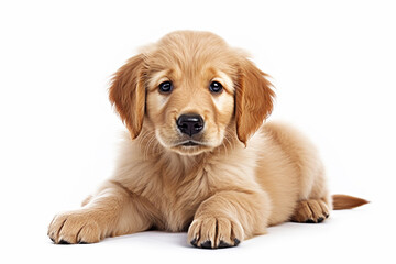 A cute puppy of a golden retriever lies on a white background. AI generated