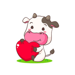 Cute cow holding love heart cartoon character. Adorable animal concept design. Isolated white background. Vector illustration