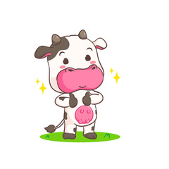 Obraz na płótnie Canvas Cute cow show thumbs up hand signcartoon character. Adorable animal concept design. Isolated white background. Vector illustration