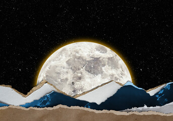 Minimalist landscape abstract contemporary collage. Mountains made from craft paper, cardboard, vintage photos. Full moon illustration with black starry cloudless sky.