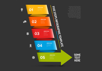 Five color stripe with diagonal arrow shape folded paper steps process infographic on dark gray background