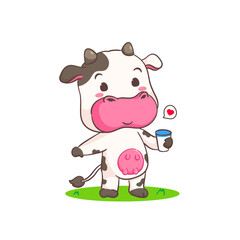 Cute cow holding milk cartoon character. Adorable animal concept design. Isolated white background. Vector illustration
