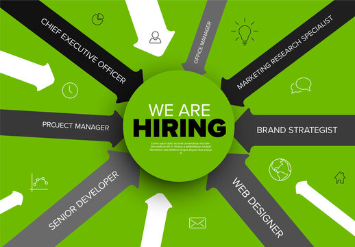 We are hiring minimalistic green flyer template with arrows containing position names