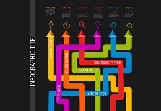 Simple dark infographic with six items and solid stripes with arrows