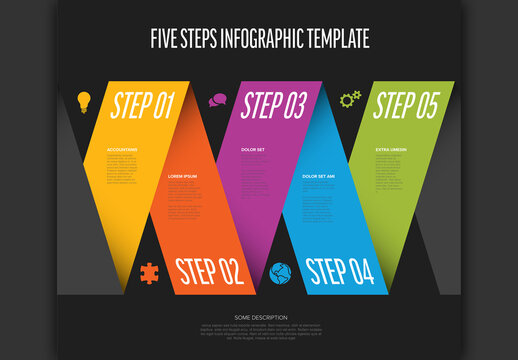 Five color stripe folded paper steps process infographic on dark background