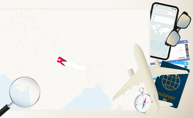 Nepal map and flag, cargo plane on the detailed map of Nepal with flag.