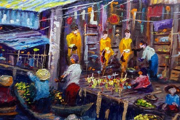 Art painting Oil color  dumnoen saduak  floating market Thailand