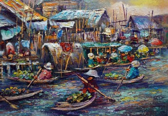 Art painting Oil color  dumnoen saduak   foating market Thailand