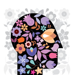 Floral pattern human head shape design on a grayscale floral pattern. Modern abstract vector illustration.
