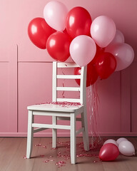 Creado por IA, fondo telon digital infantil , silla con globos, tonos rosas