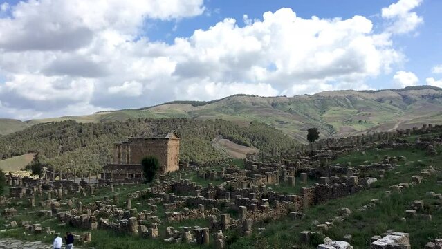 View of Roman ruins in the ancient city of Cuicul on a cloudy day. Djemila, Setif, Algeria