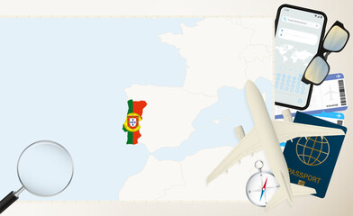 Portugal map and flag, cargo plane on the detailed map of Portugal with flag.