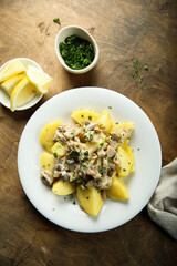 Boiled potato with mushroom ragout