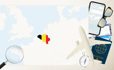 Belgium map and flag, cargo plane on the detailed map of Belgium with flag.