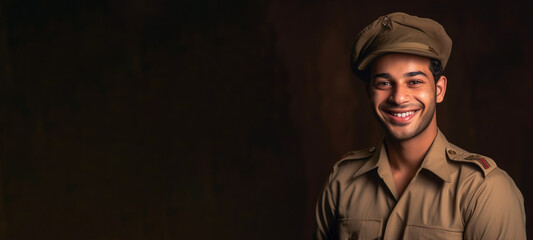 Obraz premium a smiling young men wearing army clothes in dark brown background generative ai