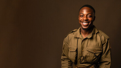 Obraz premium a smiling young men wearing army clothes in dark brown background generative ai