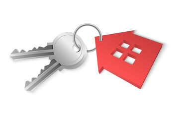 3D vector image of a realistic silver house keys with key chains in the shape of a red house, isolated on a white background