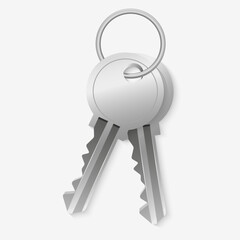 3D vector illustration of a realistic metallic silver key with a keyring on a white background. Symbolizing access, security, and privacy. Perfect for real estate, home, and property concepts. 