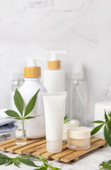 Obraz na płótnie Canvas White blank cream tube near green cannabis leaves close up, CBD cosmetic mockup