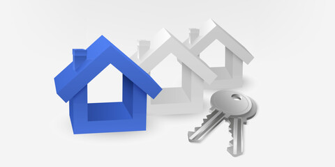 3D vector image of a real estate white and blue house, realistic silver keys. Illustrates property purchase, investment, mortgage, home buying process. Perfect for real estate