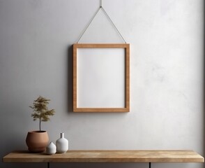 Blank Wooden Picture Frame Mockup Hanging on Beige Wall Empty Poster Mockup for Art Display. Front View with Copy Space, Generative AI