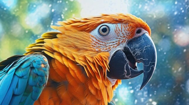3d illustration of parrot macaw. Beautiful parrot picture. Tropical realistic parrot macaw 3d print. 3d picture of parrot macaw, poster, print. Generative ai
