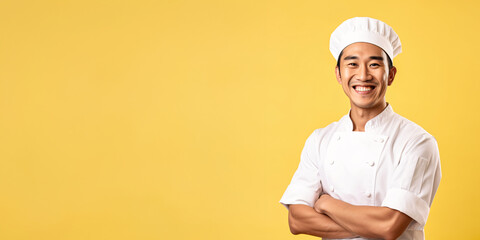 Portrait of a smiling Asian male chef isolated on solid yellow background. Banner, copy space 