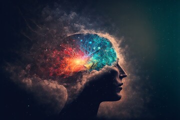 Space dark human brain galaxy background. Mental health concept Generative AI