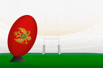 Montenegro national team rugby ball on rugby stadium and goal posts, preparing for a penalty or free kick.