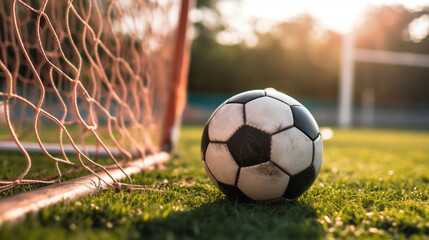 Photo of close up football soccer ball at football field