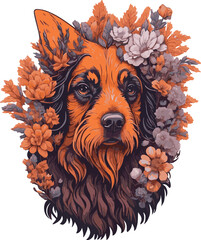 Shaggy dog surrounded by flowers and autumn leaves - 615747087