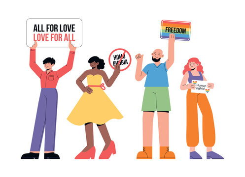 Flat vector minimalist illustration for Pride month celebration with people supporting LGBT community