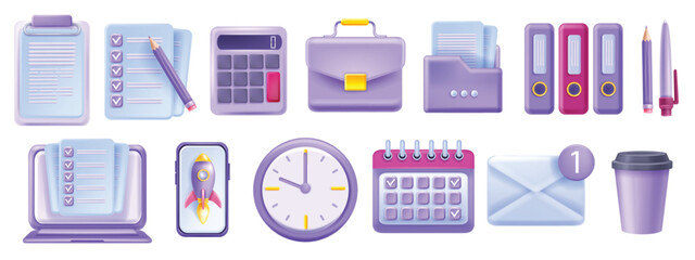 3D business work office icon set, vector stationery kit, management calendar, laptop screen document. Reception workplace object collection, email envelope, file folder, smartphone. Business icon