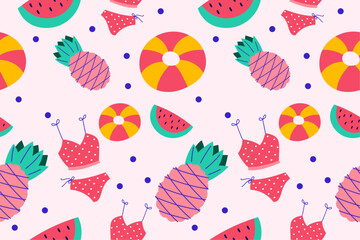 Colourful tropics Summer Seamless Pattern. Hand drawn doodle beauty beach summertime kids background wallpaper for fashion graphic print, textile, apparel, wrapping paper vector