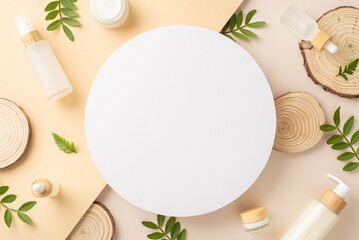 Eco friendly cosmetics concept. Top view photo of empty circle with eucalyptus and bracken...