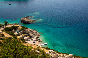 Flying a drone over Jali Beach, one of the most beautiful beaches of Albanian Riviera, Albania.