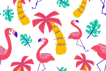 Colourful tropics Summer Seamless Pattern. Hand drawn doodle beauty beach summertime kids background wallpaper for fashion graphic print, textile, apparel, wrapping paper vector