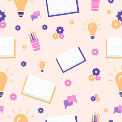 Education, school seamless pattern with book, glass, pens, circular frame with gears, lamp, message icon