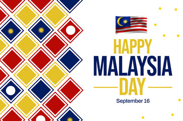 Happy Malaysia day wallpaper design with colorful shapes and typography along with waving flag. Malaysia day backdrop