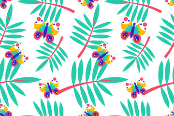 Colourful tropics Summer Seamless Pattern. Hand drawn doodle beauty beach summertime kids background wallpaper for fashion graphic print, textile, apparel, wrapping paper vector