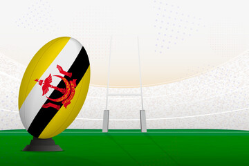 Brunei national team rugby ball on rugby stadium and goal posts, preparing for a penalty or free kick.