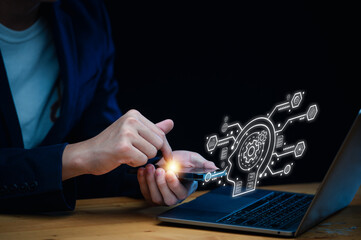 Businessman using chatbot in smart computer. Ai.Chat GPT chat with AI. Artificial intelligence developed by OpenAI creates robotic future technology online.