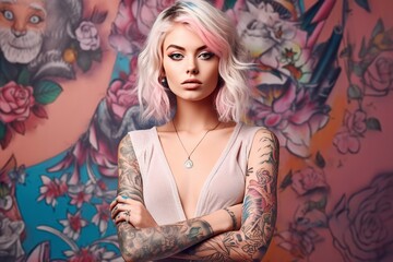 captivating allure of a model woman adorned with a stunning array of tattoos. AI generated